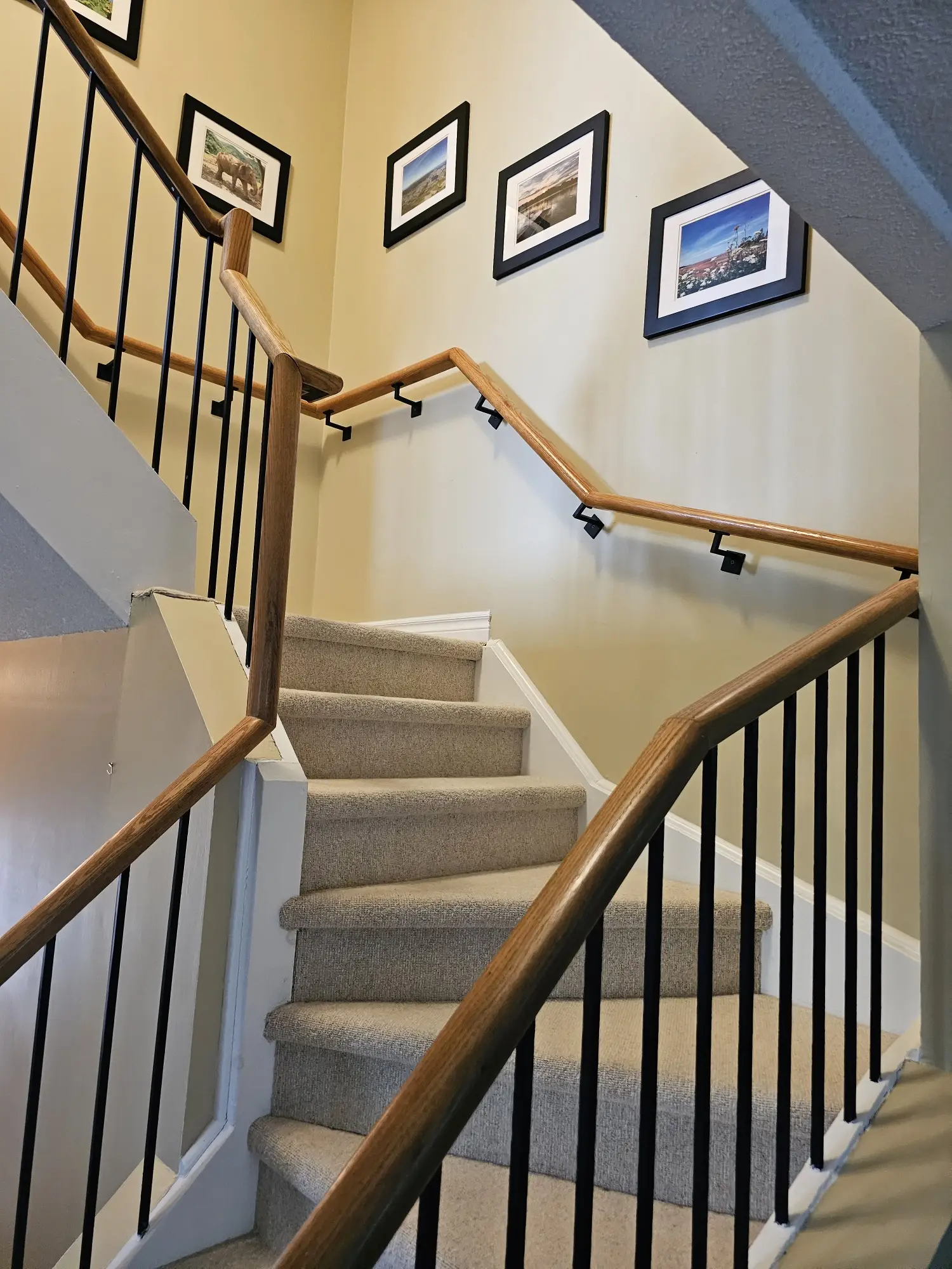 A carpeted staircase with wooden handrails and black balusters, accented by framed artwork on neutral walls.