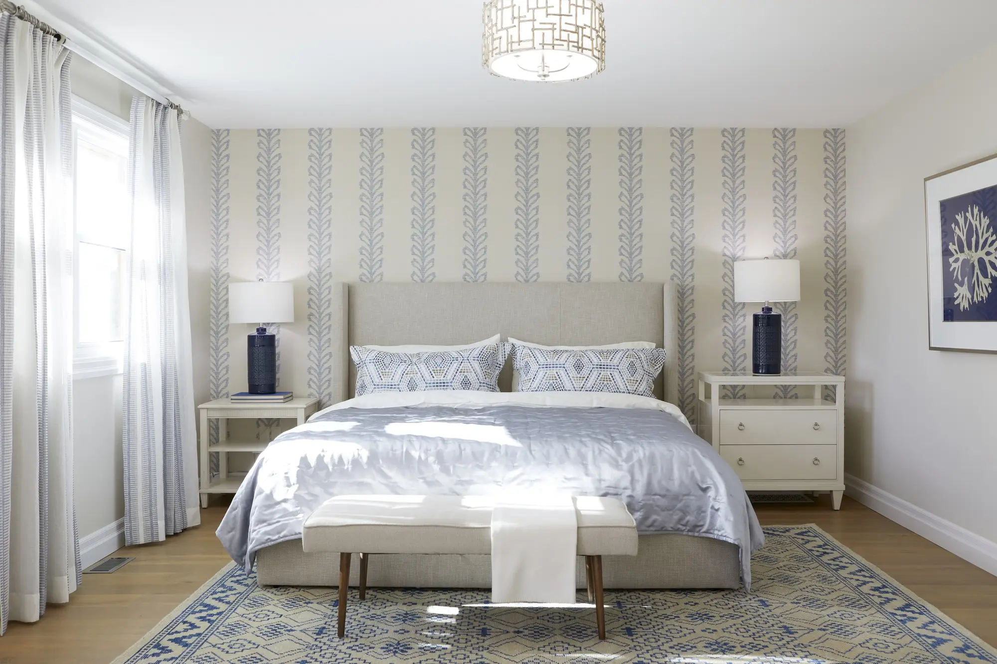 Professionally installed wallpaper featuring seamless pattern alignment, clean corners, and a modern interior finish.