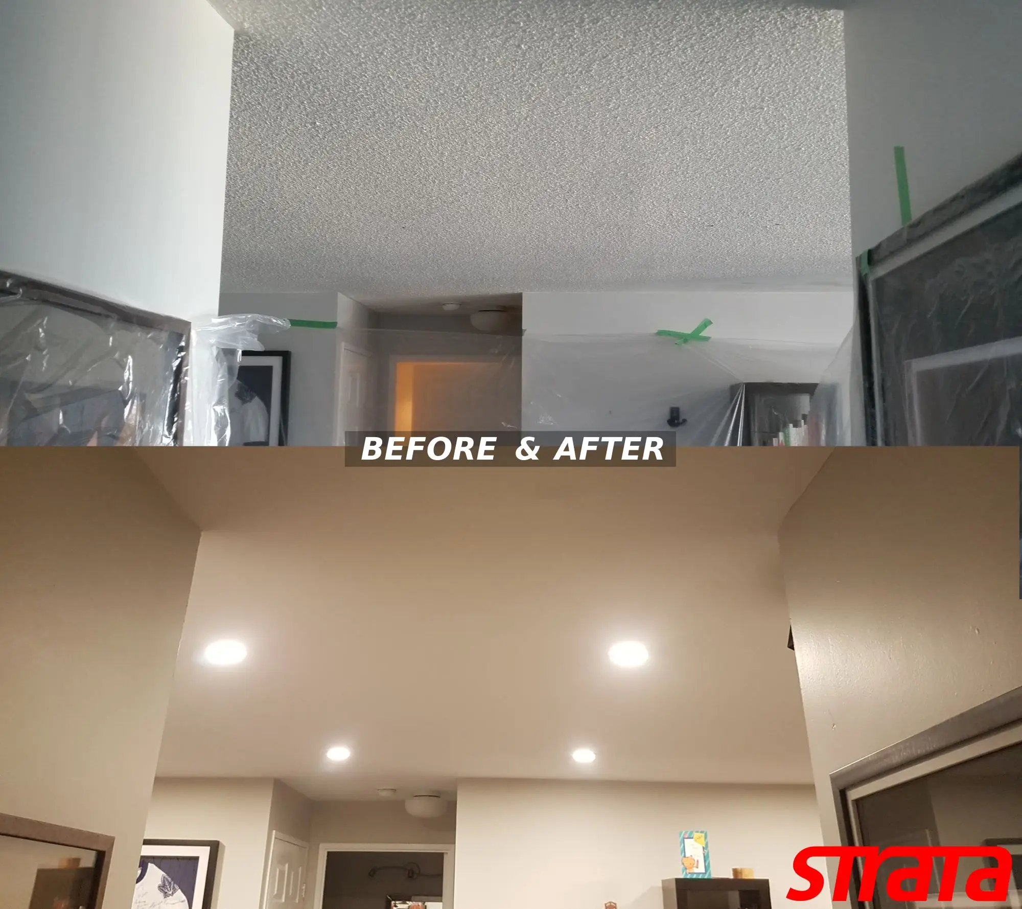 Popcorn ceiling removal in Mississauga with painting and pot light installation.