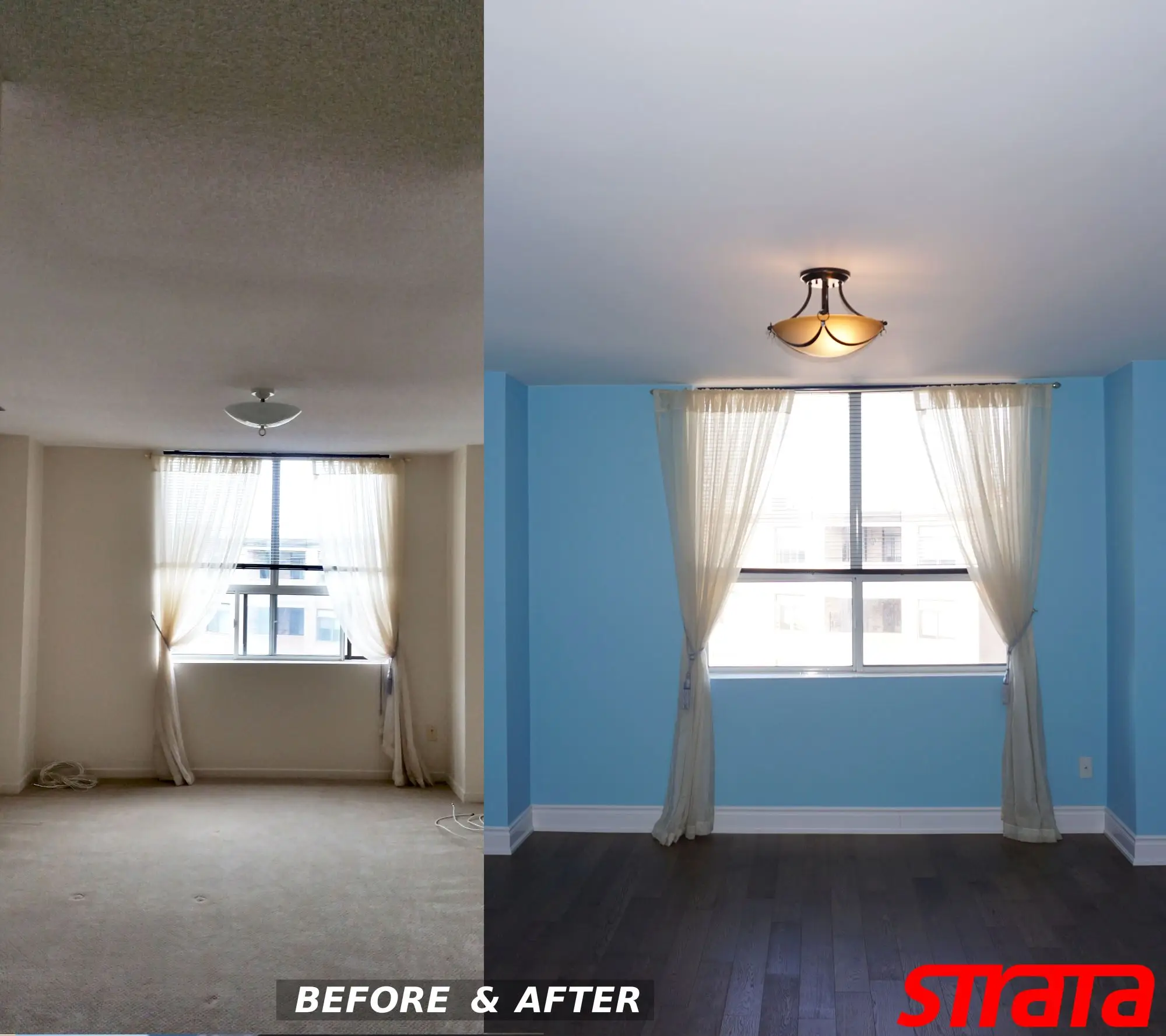 Smooth finished ceiling in Newmarket after popcorn ceiling removal and skim coating.