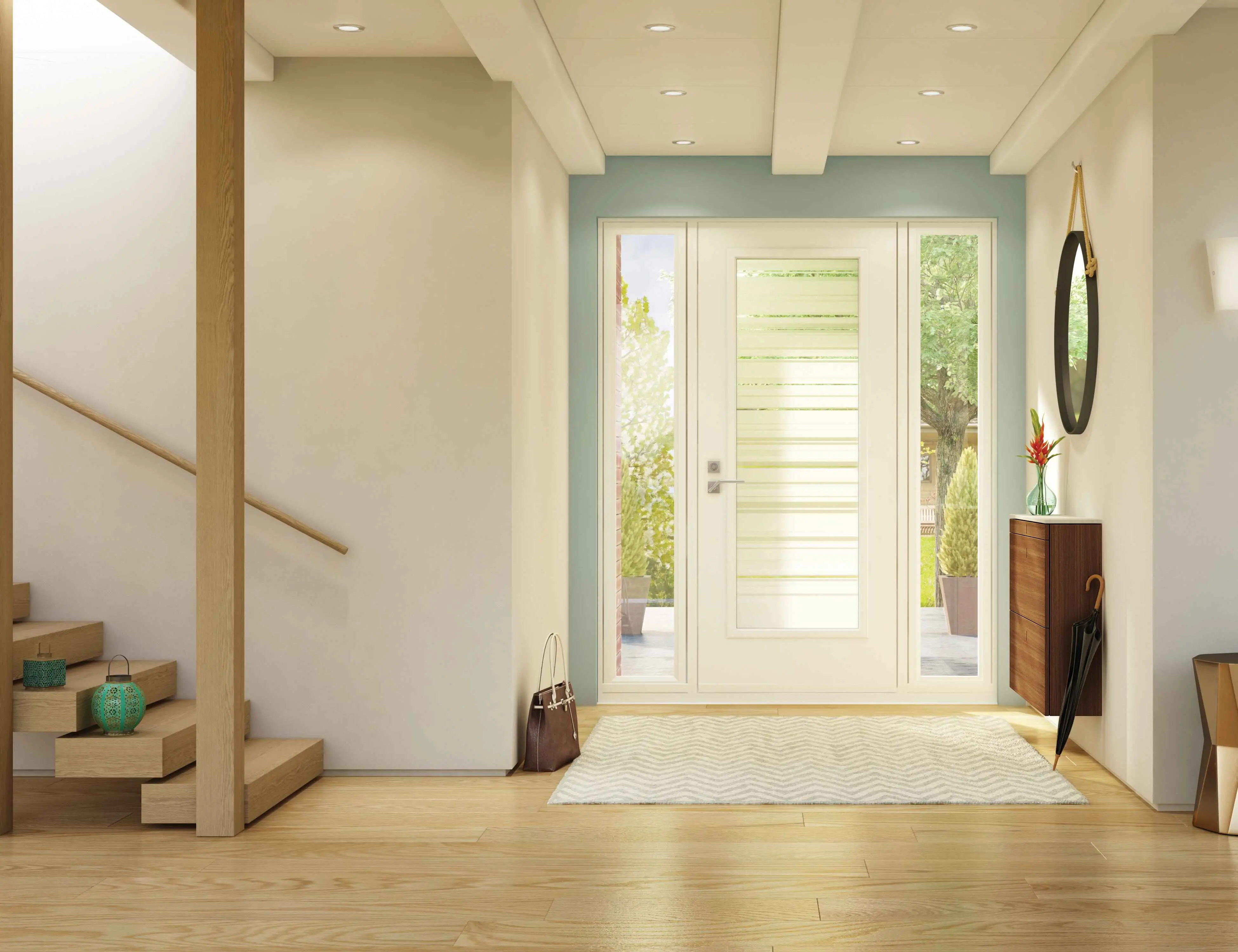 Bright front entry door with glass insert and sidelites showing privacy, daylight, and curb appeal options.