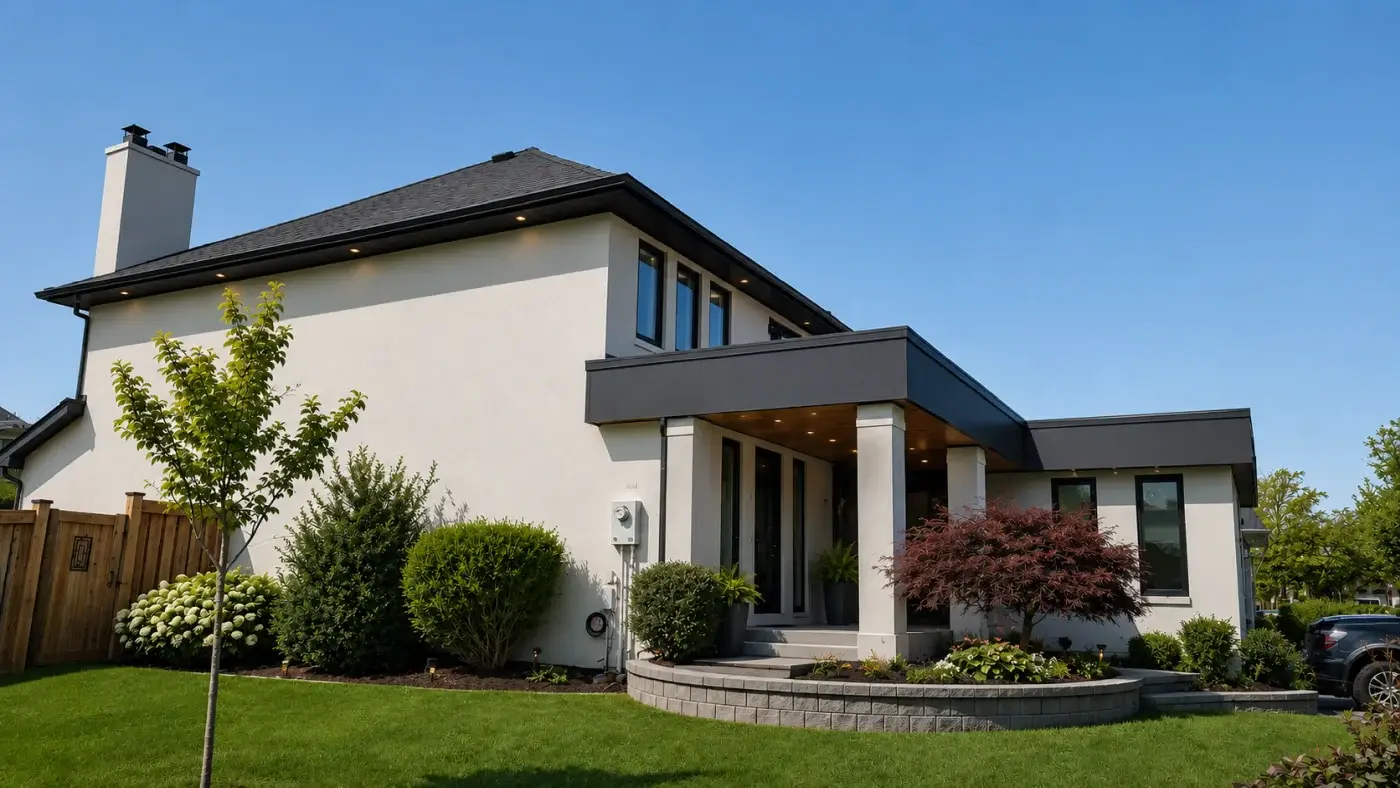 Exterior house painting in Vaughan with refreshed stucco, black soffits, dark trim, and updated front landscaping.