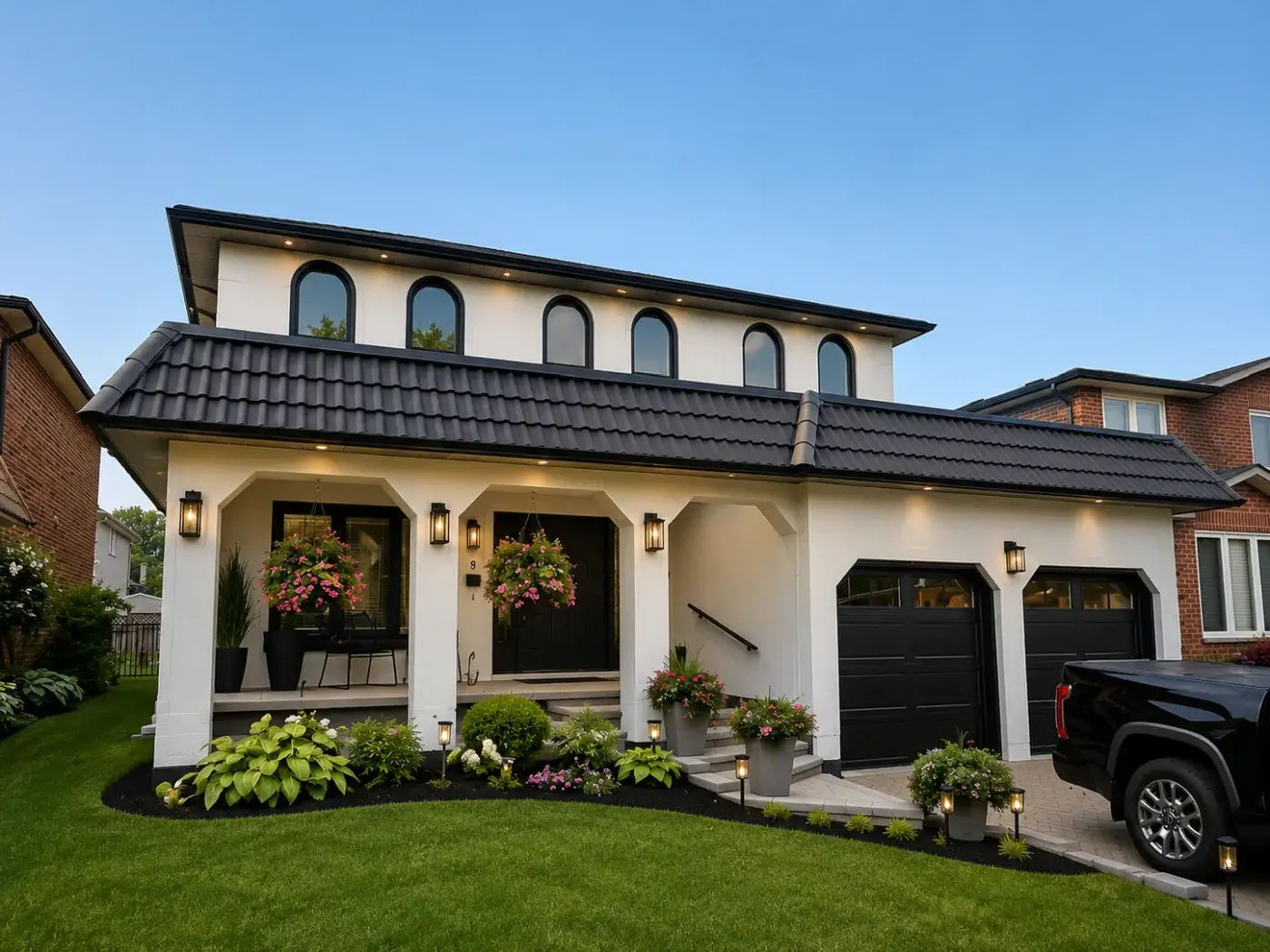 Exterior house painting in Woodbridge with painted brick, black windows, black garage doors, and clean exterior trim.
