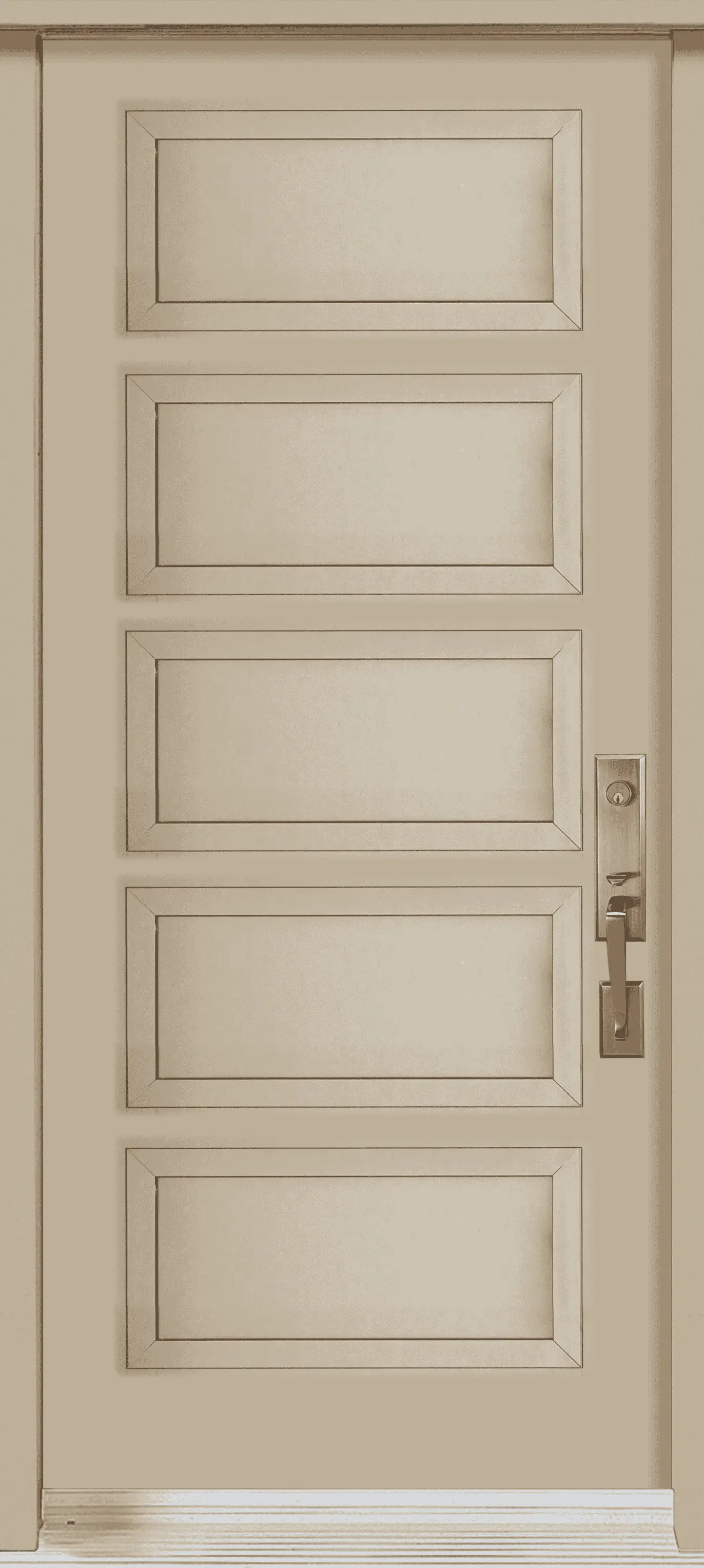 Insulated exterior door panel detail showing entry door hardware, threshold, and weather sealing.