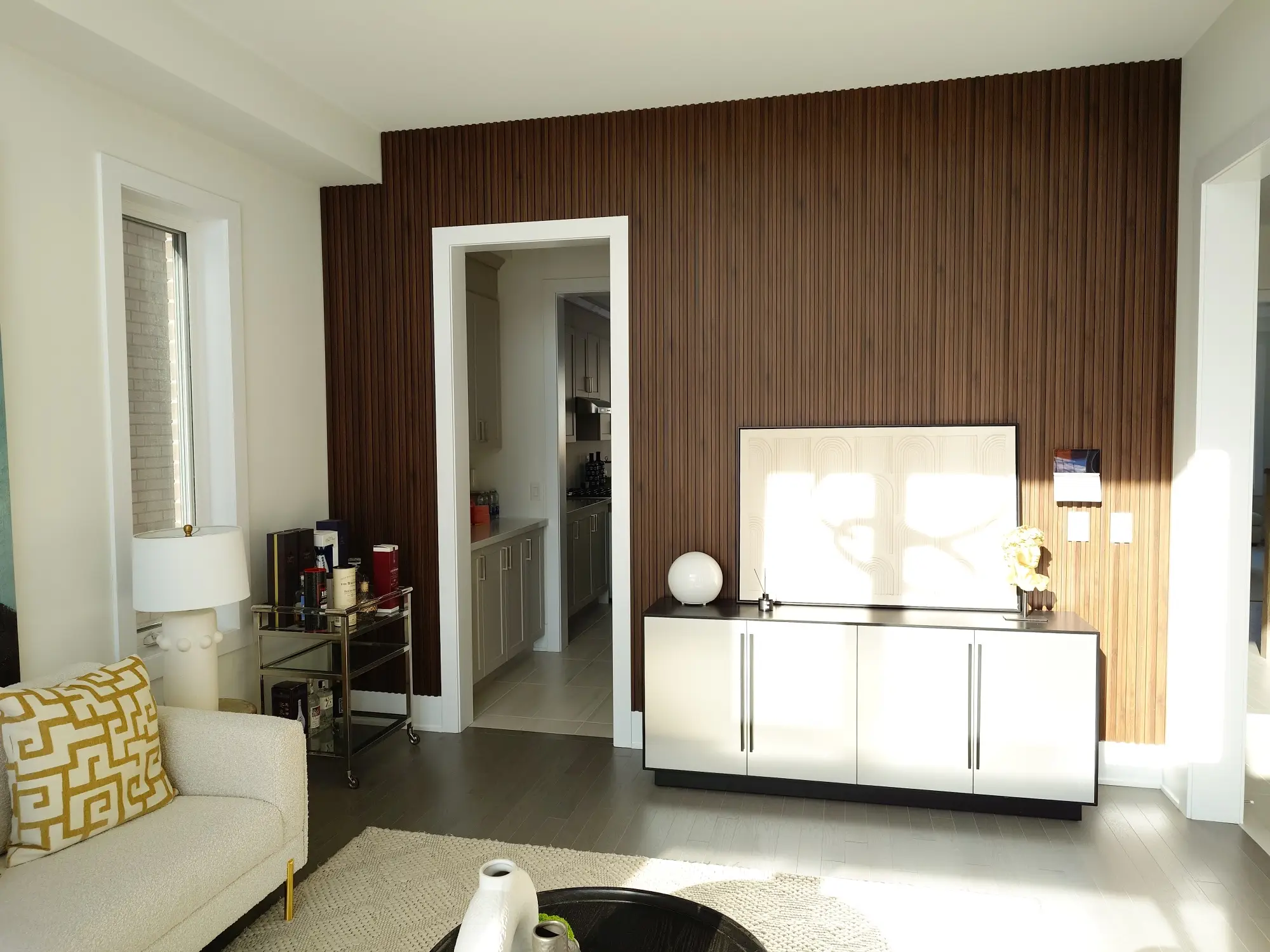 Interior renovation in Toronto with feature wall.