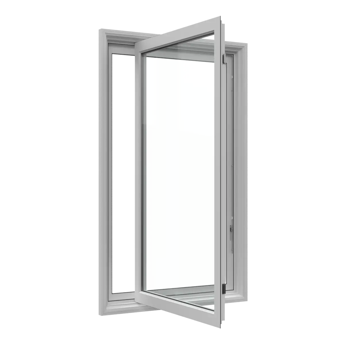 Open casement vinyl replacement window showing ventilation, hardware, and full-height glass.