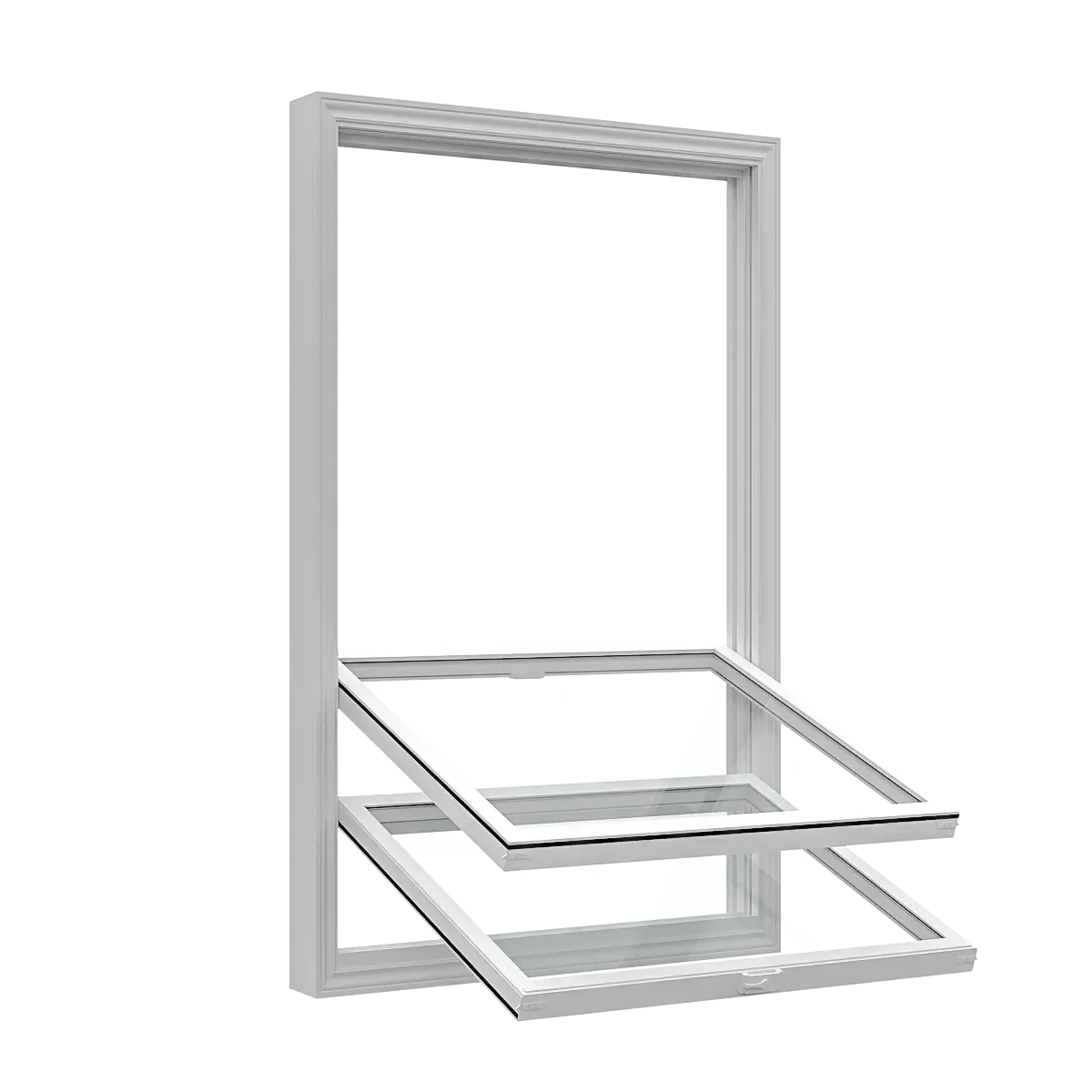 Open double hung vinyl replacement window with classic vertical operation.