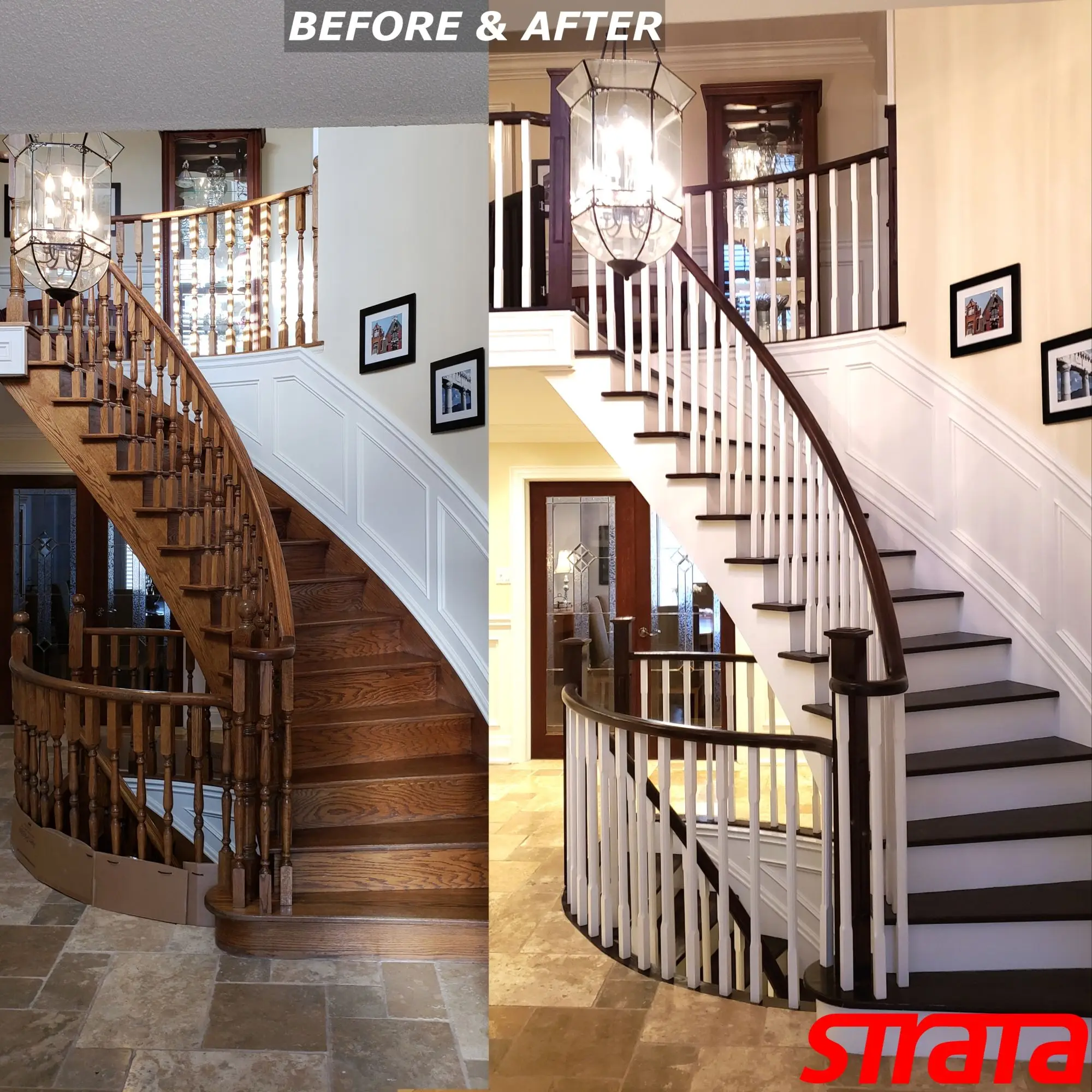 Staircase refinishing in Vaughan with curved oak stairs shown before and after.