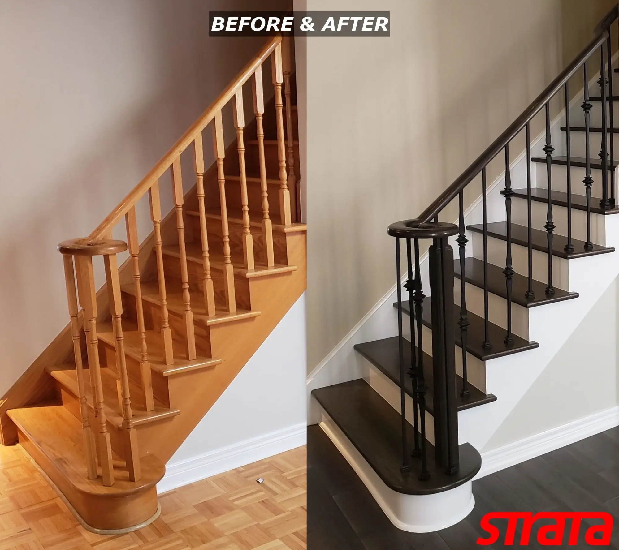 Traditional oak staircase refinishing in Vaughan after restoration.
