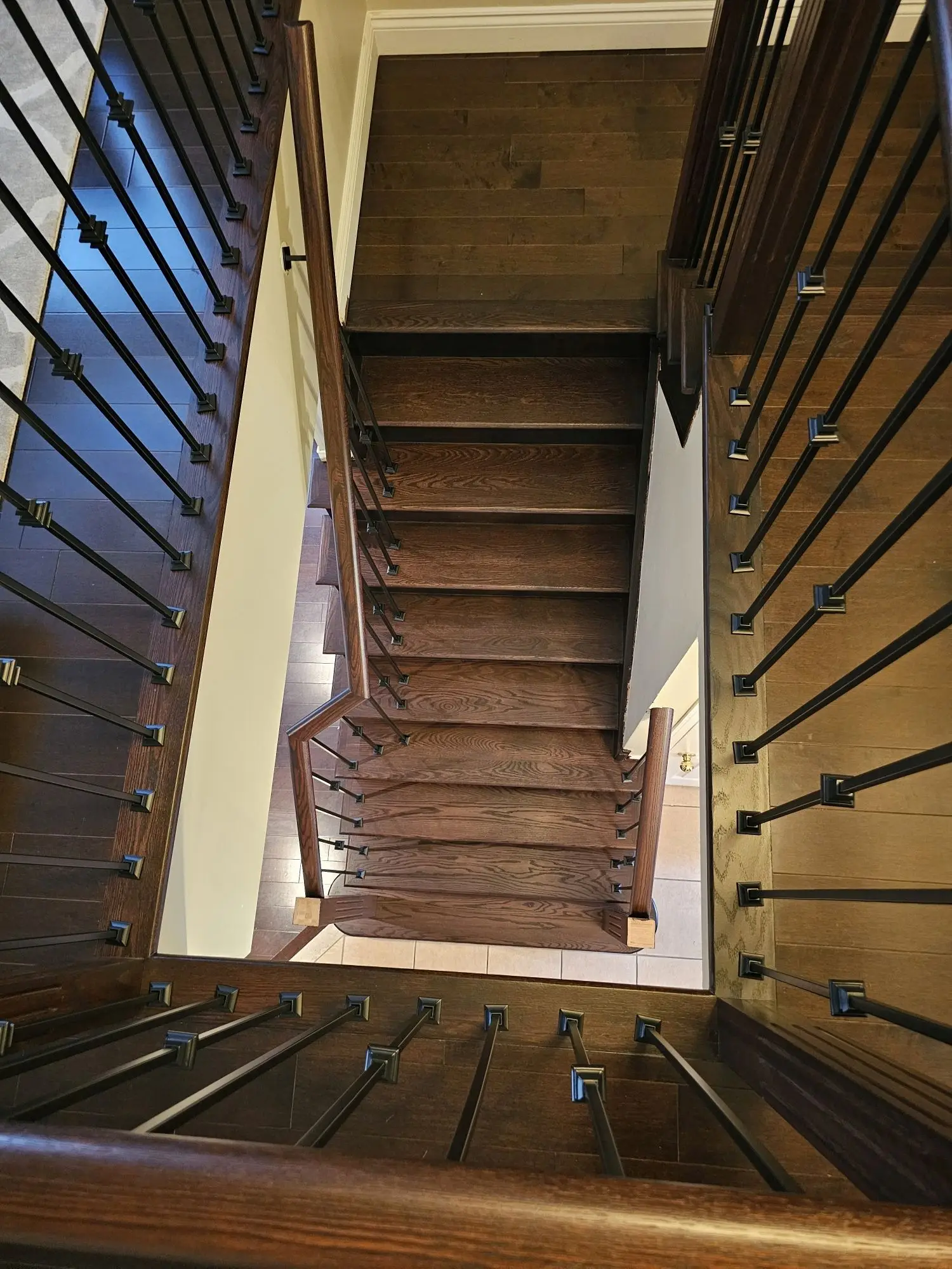 Staircase wood repair detail before refinishing.