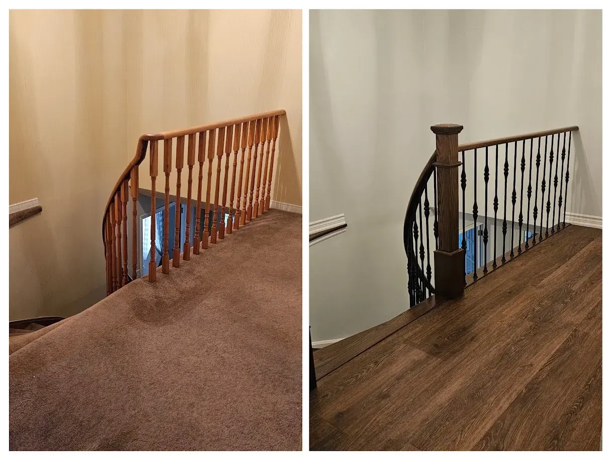 Before and after upper landing renovation with wood flooring and black iron balusters.