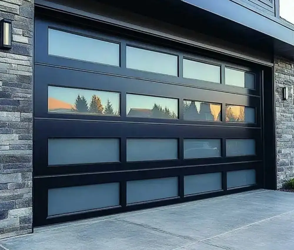 A wood-look steel garage door offering a warm, natural appearance with low maintenance.