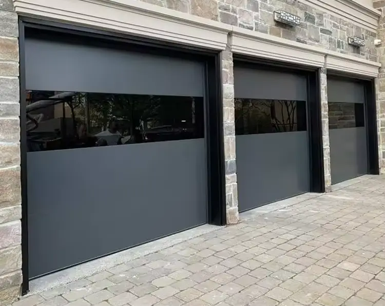 A black full-view glass garage door creating a contemporary, high-end look.