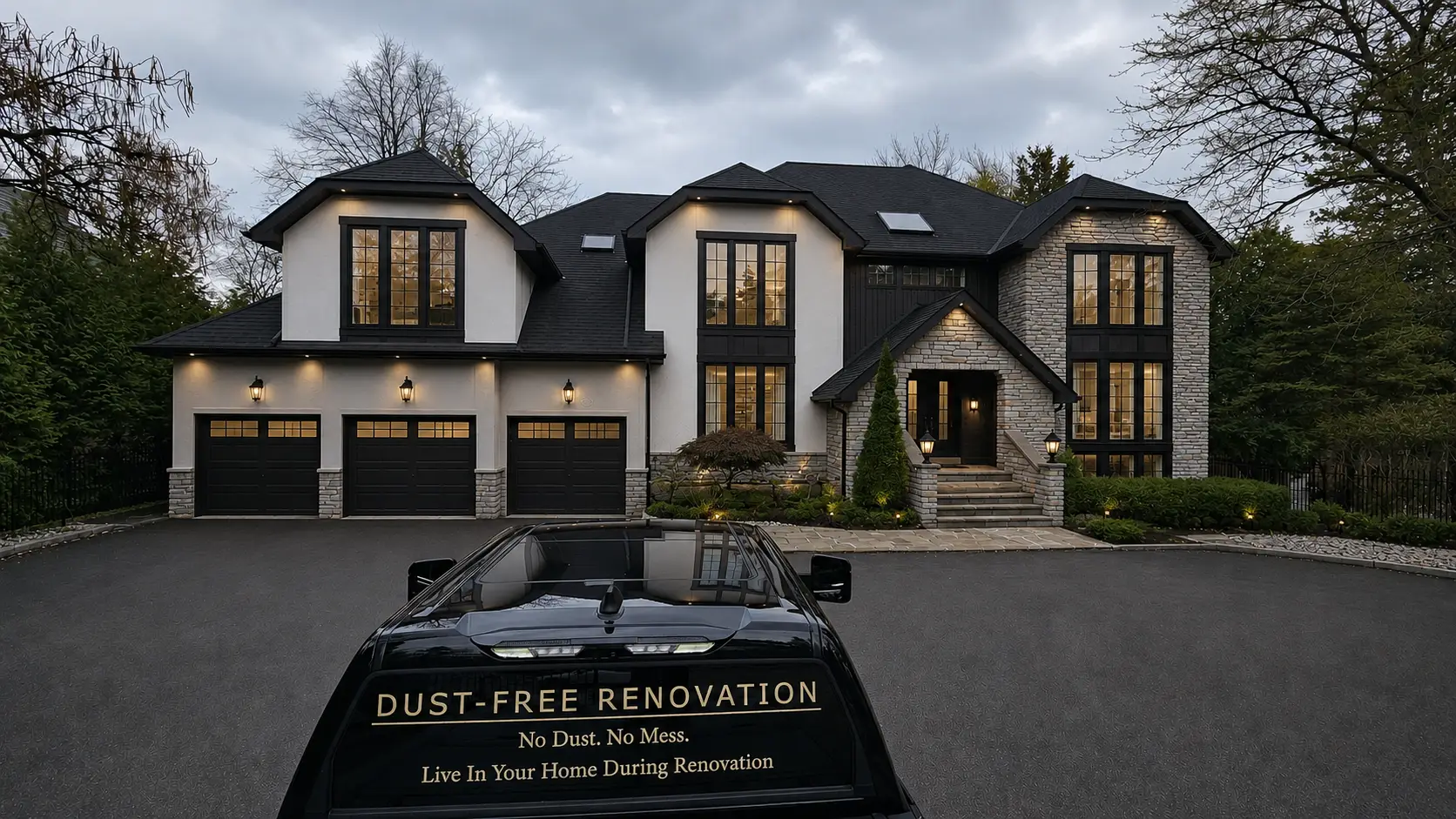 Exterior house painting in Toronto with white stucco, black trim, black garage doors, and updated curb appeal.