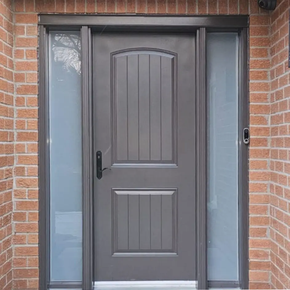 Energy-efficient modern entry door with insulated frame.