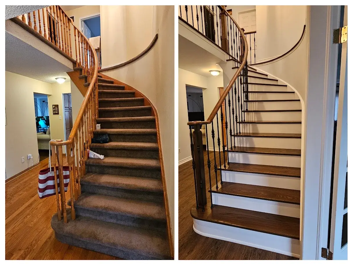 Before and after curved staircase renovation with dark wood treads, white risers and black iron balusters.